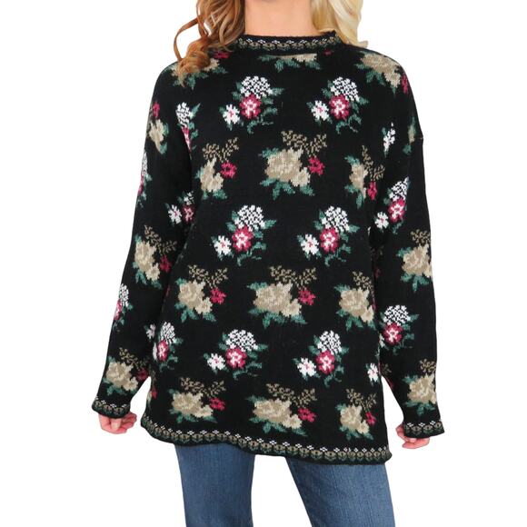 Dana Scott 1980s Vintage Sweater Black Floral Grandmacore Knit Large Retro - Picture 1 of 6